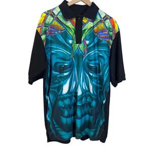 COOGI Black Blue Tiki Warrior Mask Print Polo Shirt Embroidered Logo Sz XL